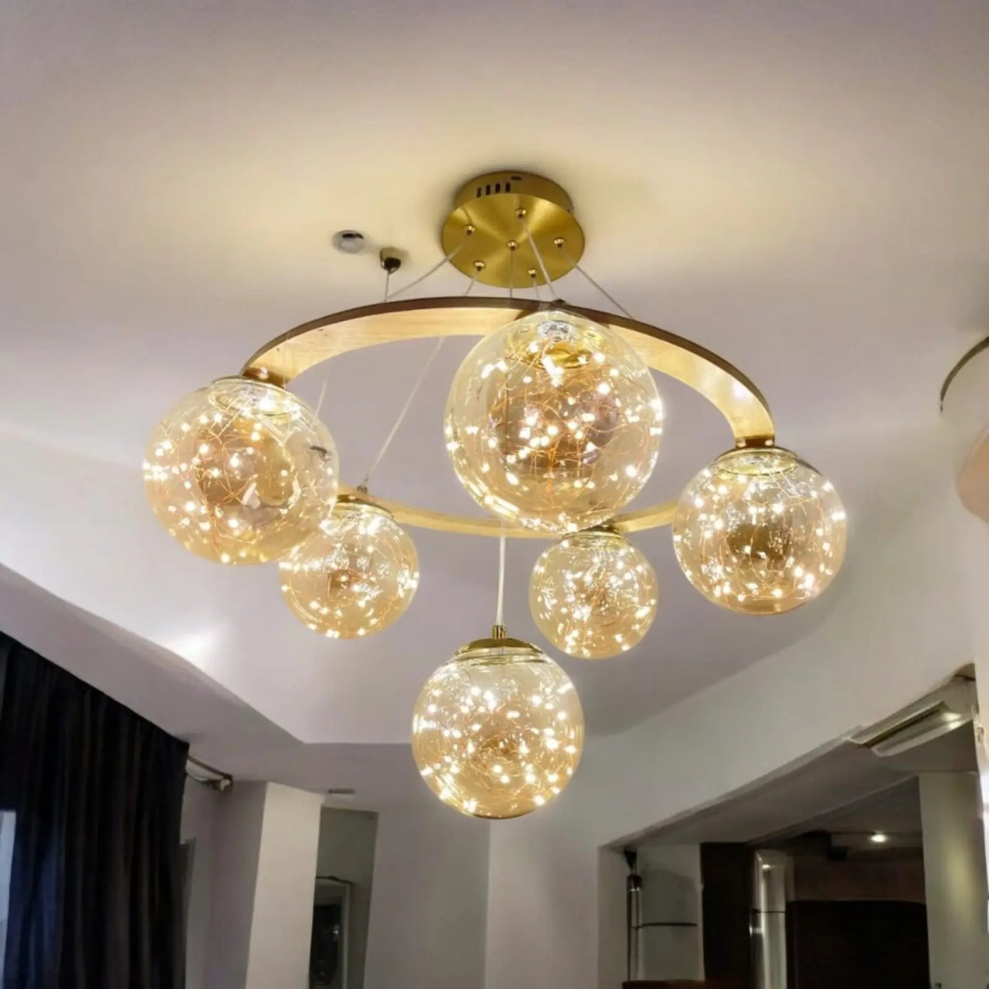 Modern Spherical Glass Chandelier - Gold Accent Pendant Lighting
